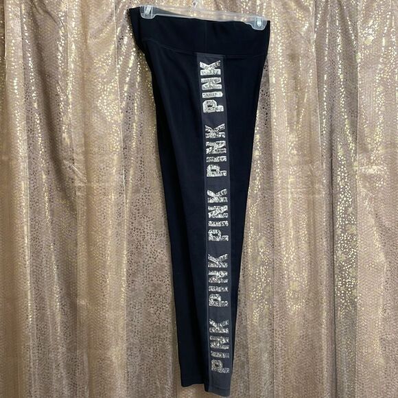 PINK Victoria’s Secret black/gray silver sequin bling leggings, size S - Picture 4 of 7